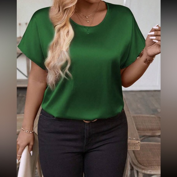 Luxe green round neck casual satin top - Picture 2 of 14